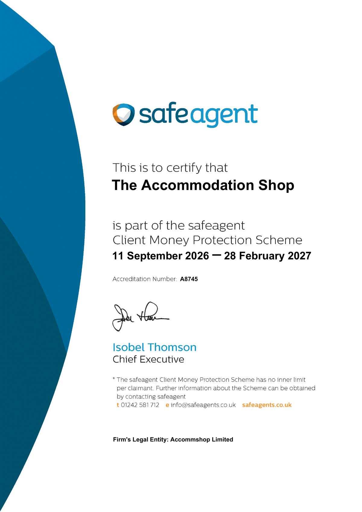 safeagent Client Money Protection Scheme certificate for The Accommodation Shop (Accommshop Limited), accreditation number A8745, valid 11 September 2026 to 28 February 2027